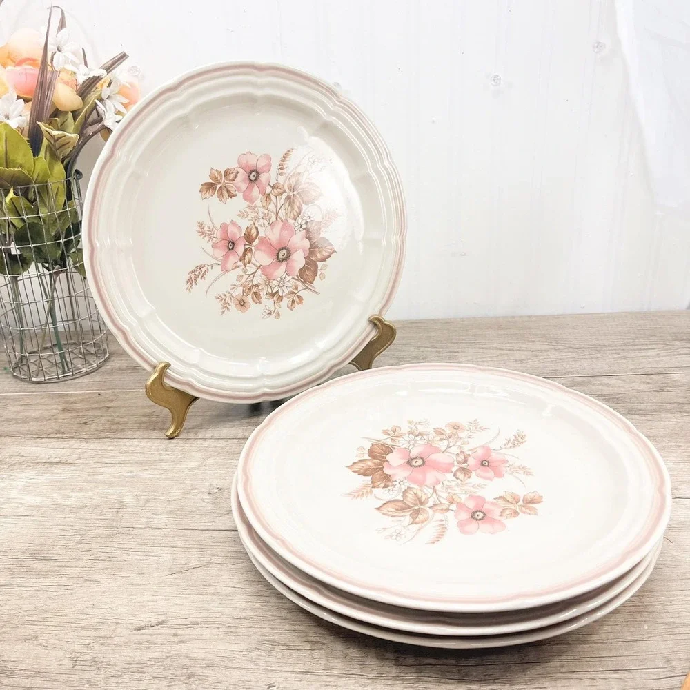 Vintage Floral‎ Stoneware Dessert Plates - Dinner Setting for 4
